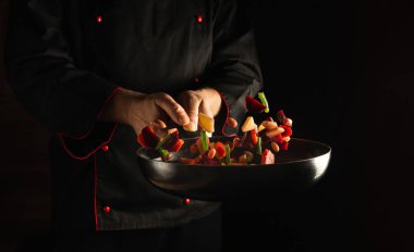 Şef vejetaryen diyeti için lezzetli bir tava yemeği hazırlıyor. Otel ya da restoran reklamı için yer var. Sebze Uçuşu