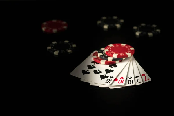Playing Cards Black Table Full House Full Boat Poker Winning — Stock Photo, Image