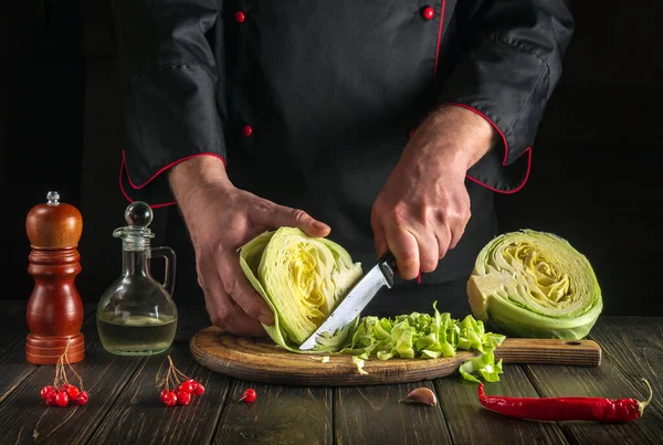 Professional chef cuts fresh cabbage with knife for salad on a kitchen table with fresh vegetables. Cooking and restaurant or hotel concept