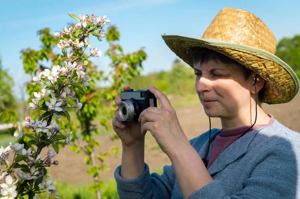 庭のリンゴの木の花の枝を撮影する古いカメラと藁帽子の中年女性の肖像画 — ストック写真