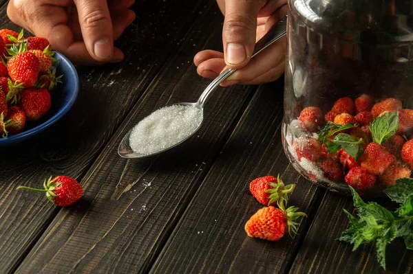 Sugar Added Jar Ripe Strawberry Mint Compote Hands Chef Spoon — Stock Photo, Image