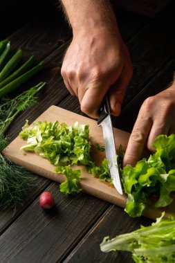 Şefin elleri vitamin salatası için kesme tahtasındaki taze marul yapraklarını kesiyor. Öğle yemeği için diyet menüsü.
