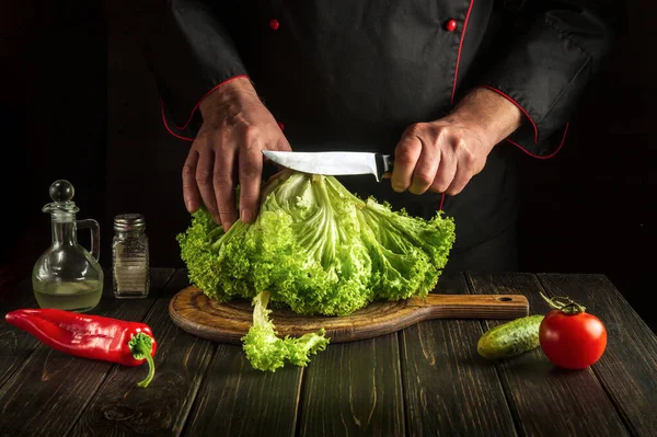 Experienced chef cuts lettuce with a knife for vegetarian food in the kitchen. Delicious vegetable salad by the hands of the cook