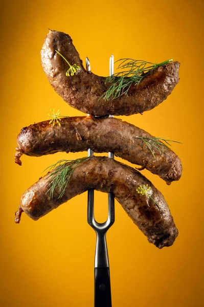 Grilled Homemade Meat Sausages Dill Fork Delicious Lunch Idea Yellow — Stock fotografie