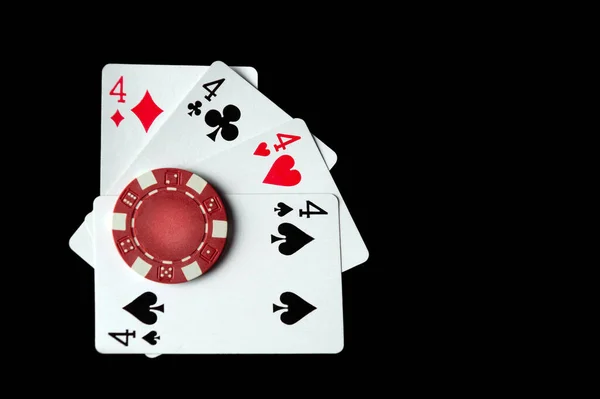 Poker Game Quads Four Kind Cards Combination Chips Cards Black — Zdjęcie stockowe