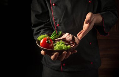 Grilled steak with fresh vegetable salad and tomatoes on a plate in the chef hand. European cuisine.