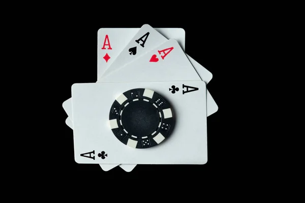 Poker Cards Winning Combination Four Kind Quads Chip Black Table — Foto de Stock