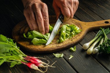 The cook cuts green leaves lettuce on a cutting board with a knife for preparing vegetarian food.