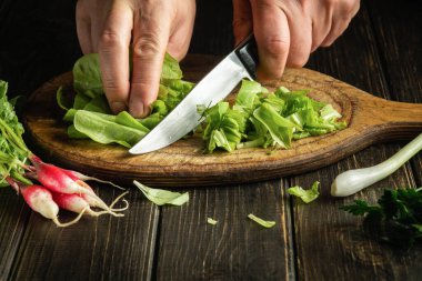 The chef cuts green lettuce leaves on a cutting board with a knife for preparing a vegetarian dish