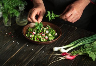 The chef prepares a delicious fresh vegetable salad for lunch. Vegetarian cuisine