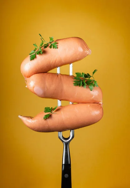 Boiled Milk Sausages Frankfurters Parsley Fork Yellow Background Street Food — Stockfoto