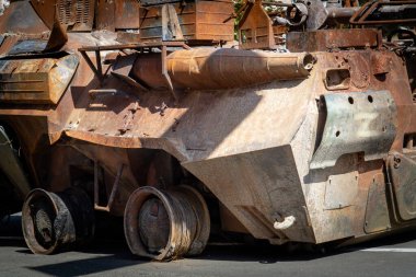 Elements of burnt wheels of Russian military equipment during the war in Ukraine.