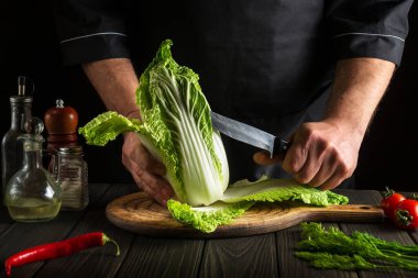 Aşçı, mutfak masasında taze sebzeli salata için taze Napa lahanasını bıçakla keser. Yemek ve restoran veya kafe konsepti