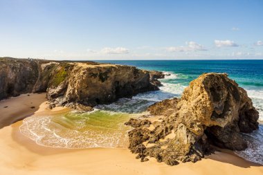 Beautiful landscape and seascape with rock formation in Samoqueira Beach, between Sines and Porto Covo, Alentejo, Portugal