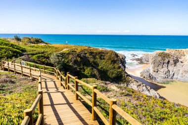 Wooden walkway by Espingardeiro Beach, Vicentina Route, Alentejo, Portugal