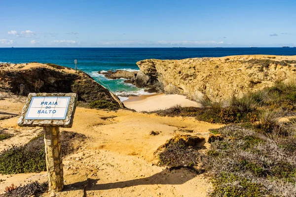 Sign Praia Salto What Translates Salto Beach Vicentina Route Alentejo — Fotografia de Stock