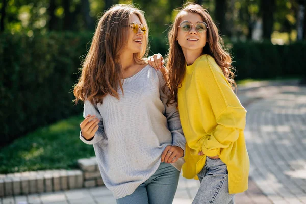 Moda gözlüklü uzun saçlı bir kadın en iyi arkadaşıyla vakit geçiriyor. Gün ışığında sokakta poz veren neşeli kadınların açık hava portresi.. 