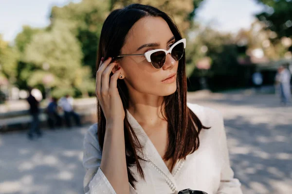 Close Portrait Stylish European Woman Sunglasses Touching Her Hair Looking — 스톡 사진