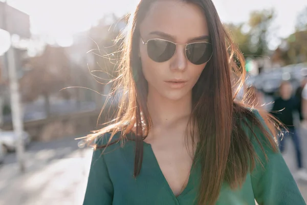 Adorable Lovely Stylish Girl Dark Hair Green Blouse Sunglasses Posing — Stok Foto