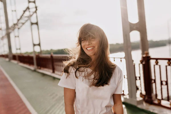 Happy Charming Woman Lovely Wide Smile Wearing White Shirt Posing — Stok Foto