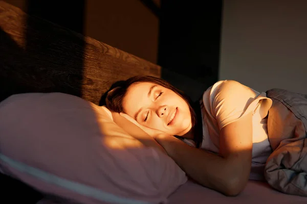 Lovely Smiling Adorable Woman Wonderful Smile Sleeping Home Bed Sunlight — Stock Photo, Image