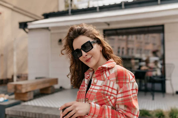 Portrait Charming European Girl Wavy Hair Wearing Checkered Shirt Sunglasses — 스톡 사진