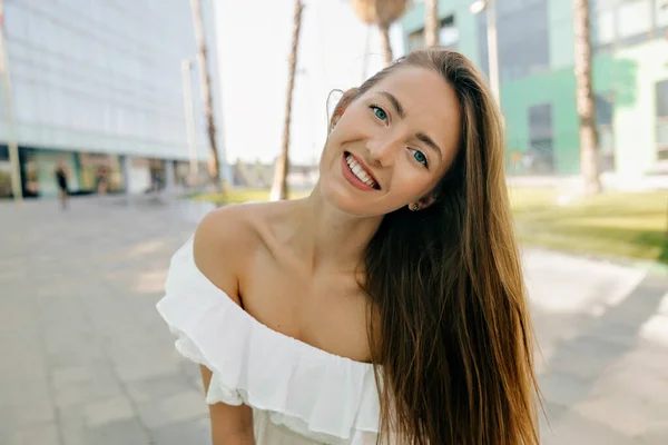 Incredible Stylish European Woman Long Hair Wonderful Smile Posing Camera — Foto de Stock