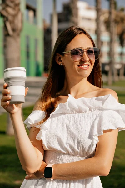 Confident Adorable Girl Dress Sunglasses Holding Cup Coffee Sunny Morning — Stok Foto