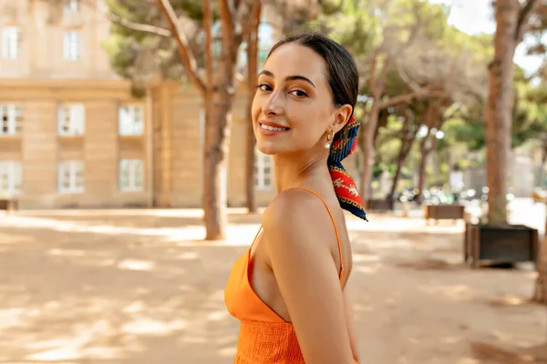 Outdoor Portrait Charming Attractive Woman Dark Collected Hair Wonderful Smile — Stok Foto