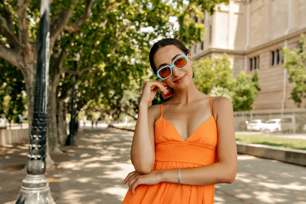 Portrait Charming Stylish Woman Dark Hair Wearing Orange Summer Dress —  Fotos de Stock