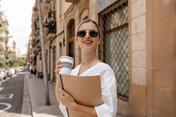 Happy Satisfied Young Girl Blond Hair Smile Enjoying Cup Coffee — Stok Foto