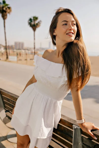 Romantic Engaging Girl Long Hair Wonderful Smile Looking Aside While — Stok Foto