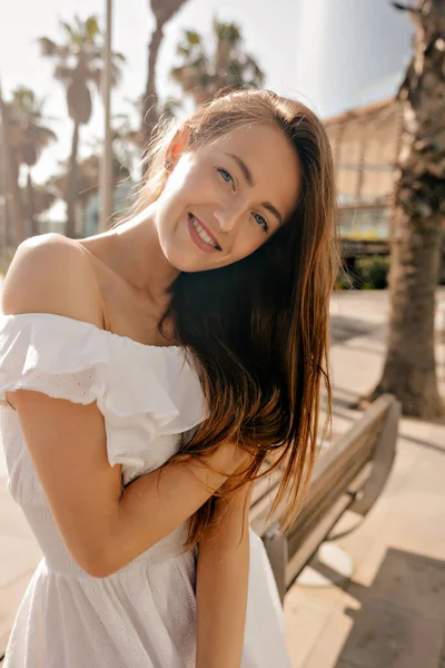 Wonderful Stylish Woman Long Loose Hair Wearing Summer White Dress — Stok Foto