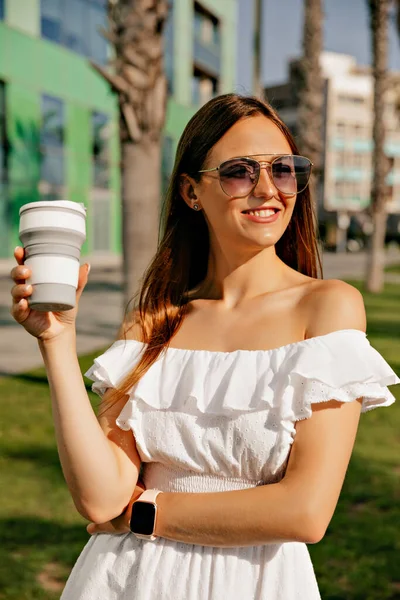 Stylish Young Caucasian Girl Wonderful Smiles Holding Morning Coffee Posing — Stok Foto