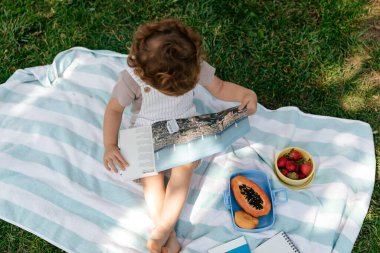 Top view of charming adorable kid in summer clothes reading magazine while sitting in park in sunny day on bright picnic blanket with fruits 