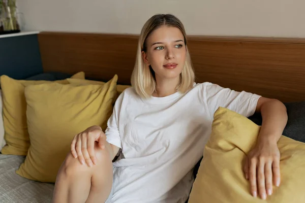 Stylish Young Caucasian Woman Resting While Sitting Sofa Blond Looking — Stok Foto