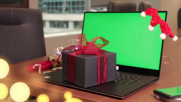 Closeup Woman Hands Taking Present Box Laptop Keyboard Empty Green — Wideo stockowe