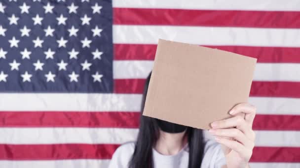 Woman Holding Empty Sign Copy Space Flag Background Protest Abortion — Vídeo de Stock