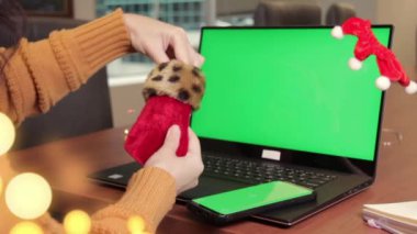 Woman find gift in small red stocking from home office. Virtual Christmas party meeting team teleworking. Family video call remote conference laptop green screen Ottawa ON Canada - November 27, 2021