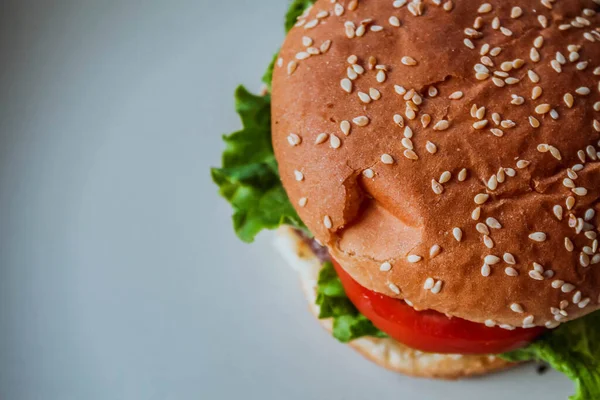 Cheeseburger Fatto Casa Sfondo Bianco Con Spazio Vista Laterale Burger — Foto Stock
