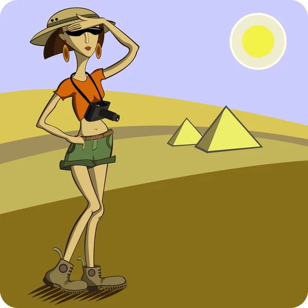 Traveler on the background of the desert and pyramids — Stock Vector