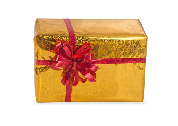 Golden gift box with red bow — Stock Photo, Image