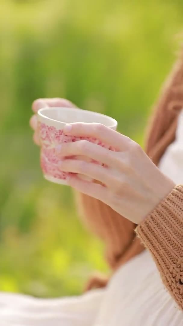 Young Beautiful Woman Drinking Beautiful Ceramic Cup Tea Coffee Outdoors — Stockvideo