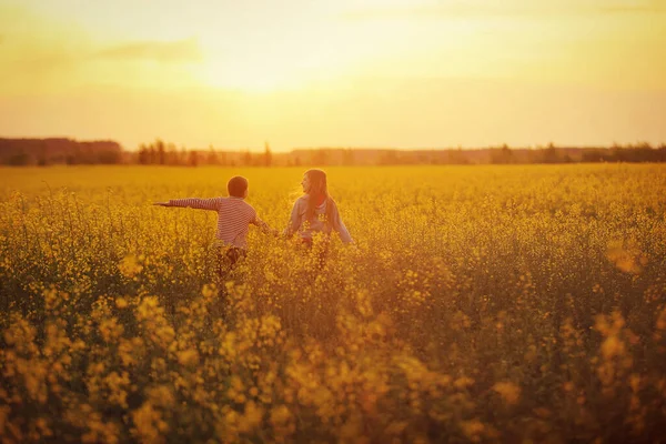 孩子们在一片黑麦田上奔跑 兄妹手牵手穿过田野 夏田里的夕阳 带有选择性焦点 色调和噪音的图像 — 图库照片