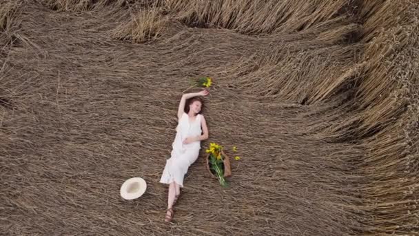 Bela Jovem Vestido Está Deitado Campo Trigo Conceito Férias Verão — Vídeo de Stock