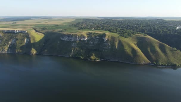 Aerial View Wide Dnister River Distant Rocky Hills Bakota Area — 图库视频影像