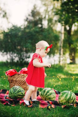 Çimlerde karpuz üstünde piknik yapan 10 aylık tatlı bir bebek. Kırmızı elbiseli gülümseyen bir çocuk ve başını eğ. Sağlıklı beslenme, çocukluk, meyve olgunluğu, ebeveynlik, mevsimsel hasat kavramı