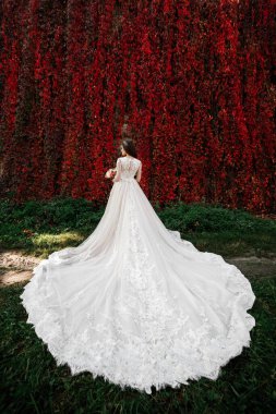 Gelinlik içinde güzel bir gelin ve doğada uzun bir tren. Elinde bir buket çiçekle uzun elbiseli bir kız..