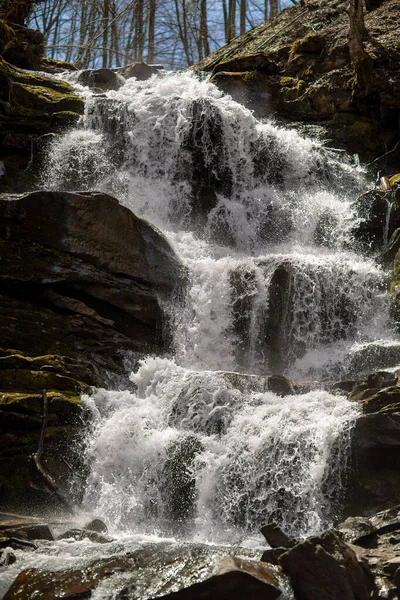 Descendo Pequeno Riacho Montanha Água Corre Sobre Pedregulhos Basalto Uma — Fotografia de Stock