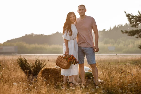 爱抚大自然的年轻夫妇 男人和女人拥抱着 夏日的草地上阳光灿烂 快乐的家庭在黄昏的阳光下 概念假期 情人节 情人节 — 图库照片